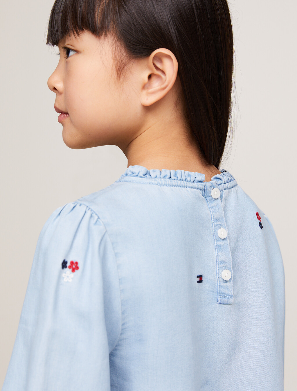 花朵刺繡青年布襯衫, Denim Medium, hi-res