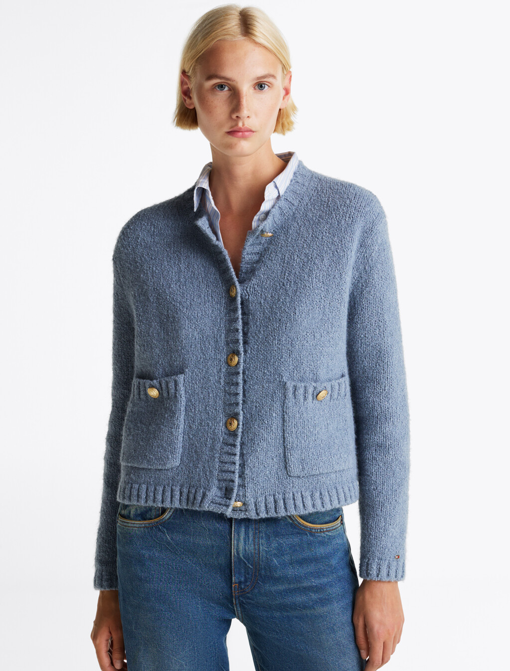 Gold-Tone Button Textured Cardigan, Flint Blue, hi-res
