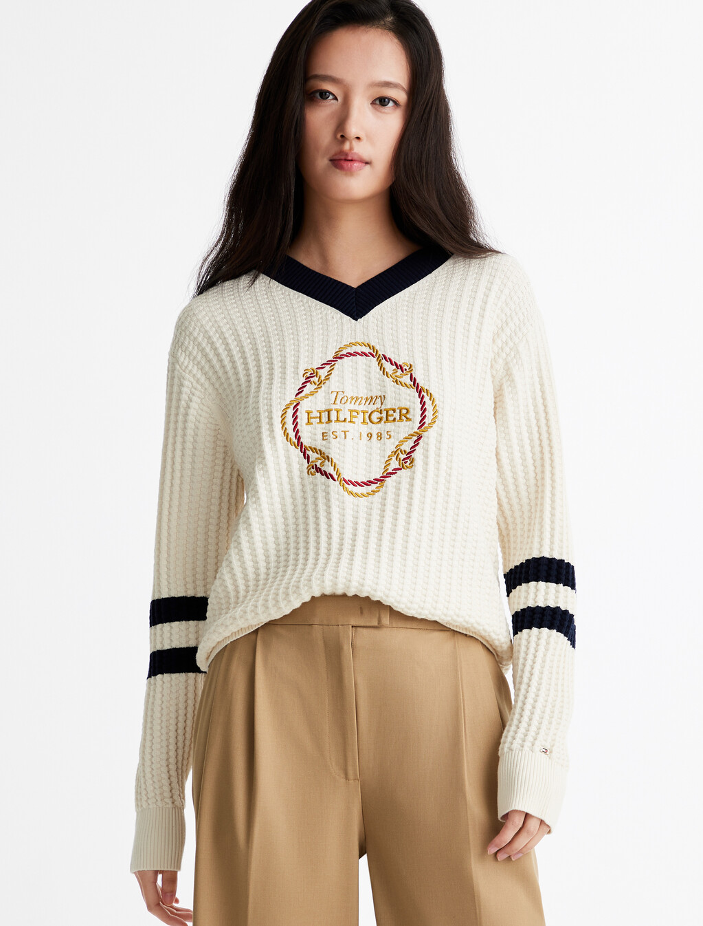 Graphic V Neck Sweater, Ivory Petal, hi-res