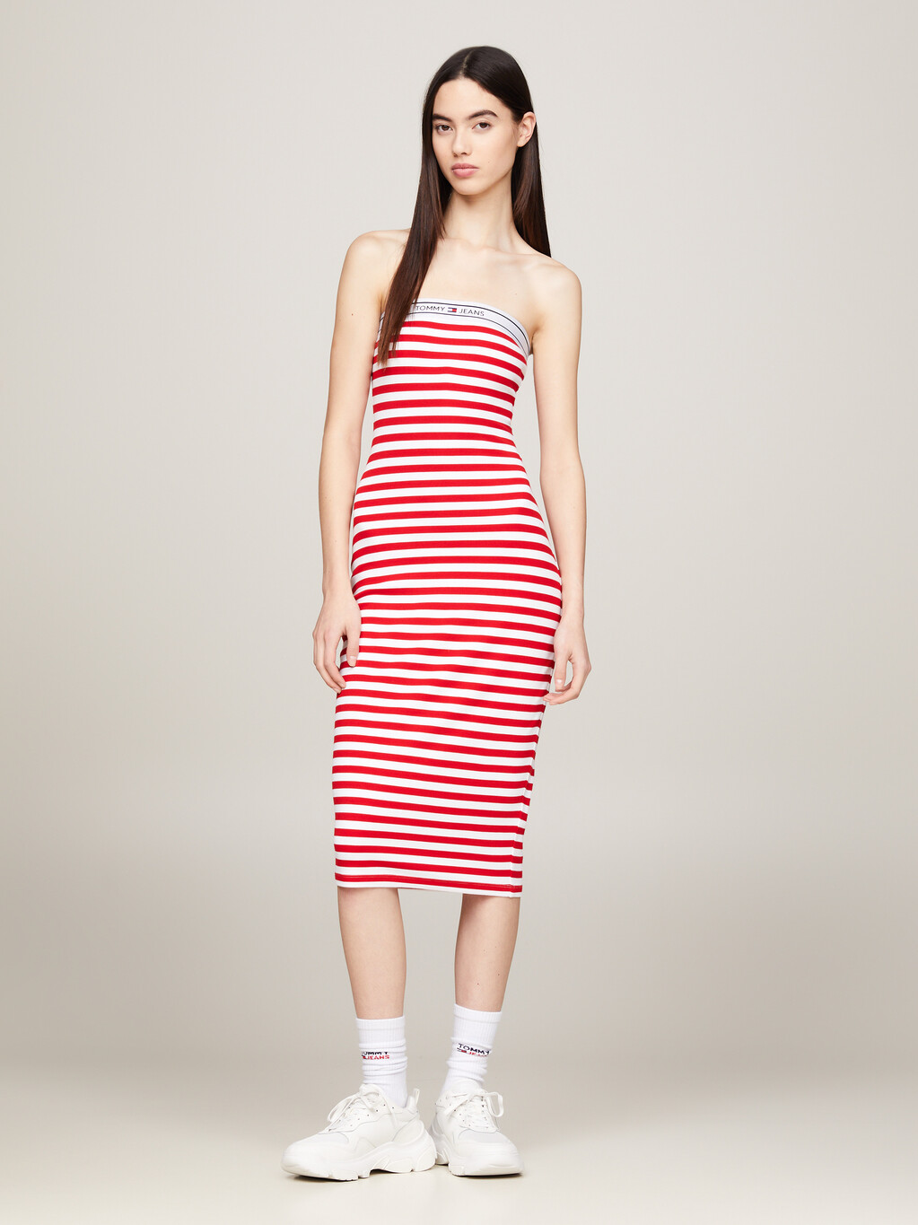 Logo飾帶條紋及膝抹胸連身裙, Deep Crimson / Stripe, hi-res