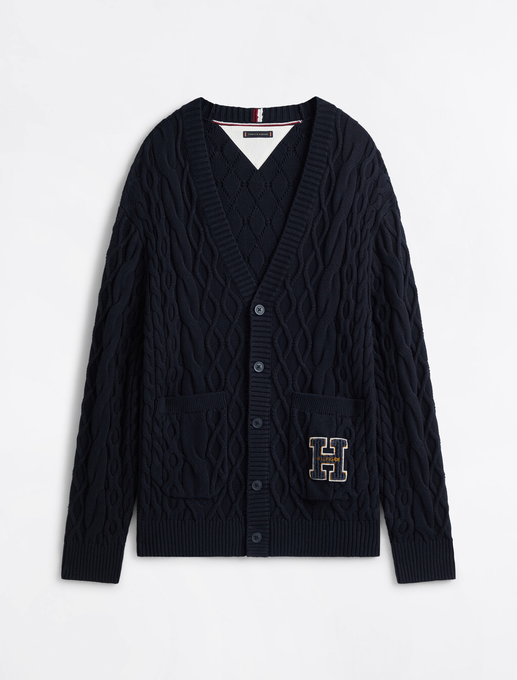Cable Knit Letterman Applique Cardigan, Desert Sky, hi-res