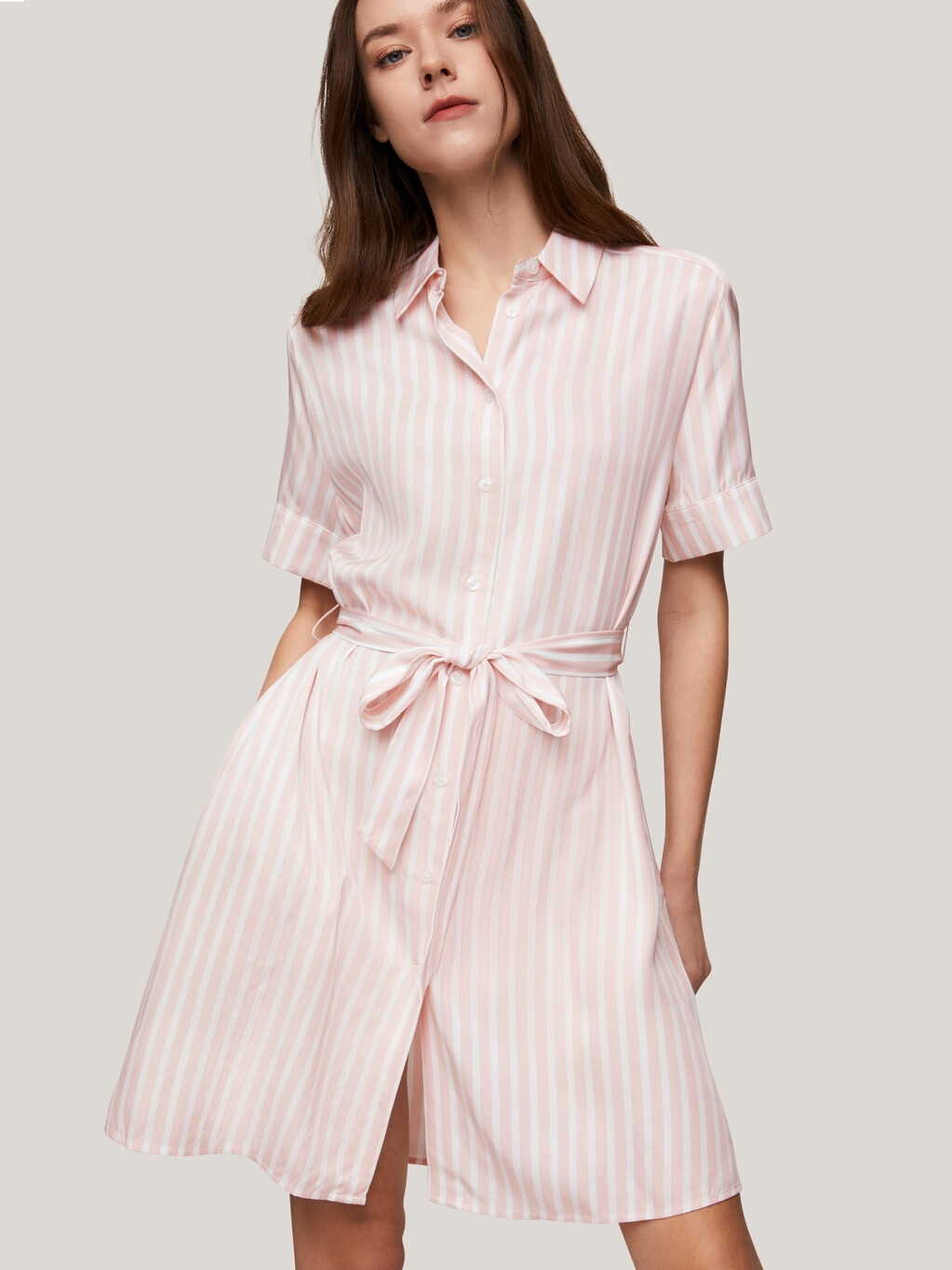 Belted Mini Shirt Dress, Fluid Stp/ Whimsy Pink, hi-res