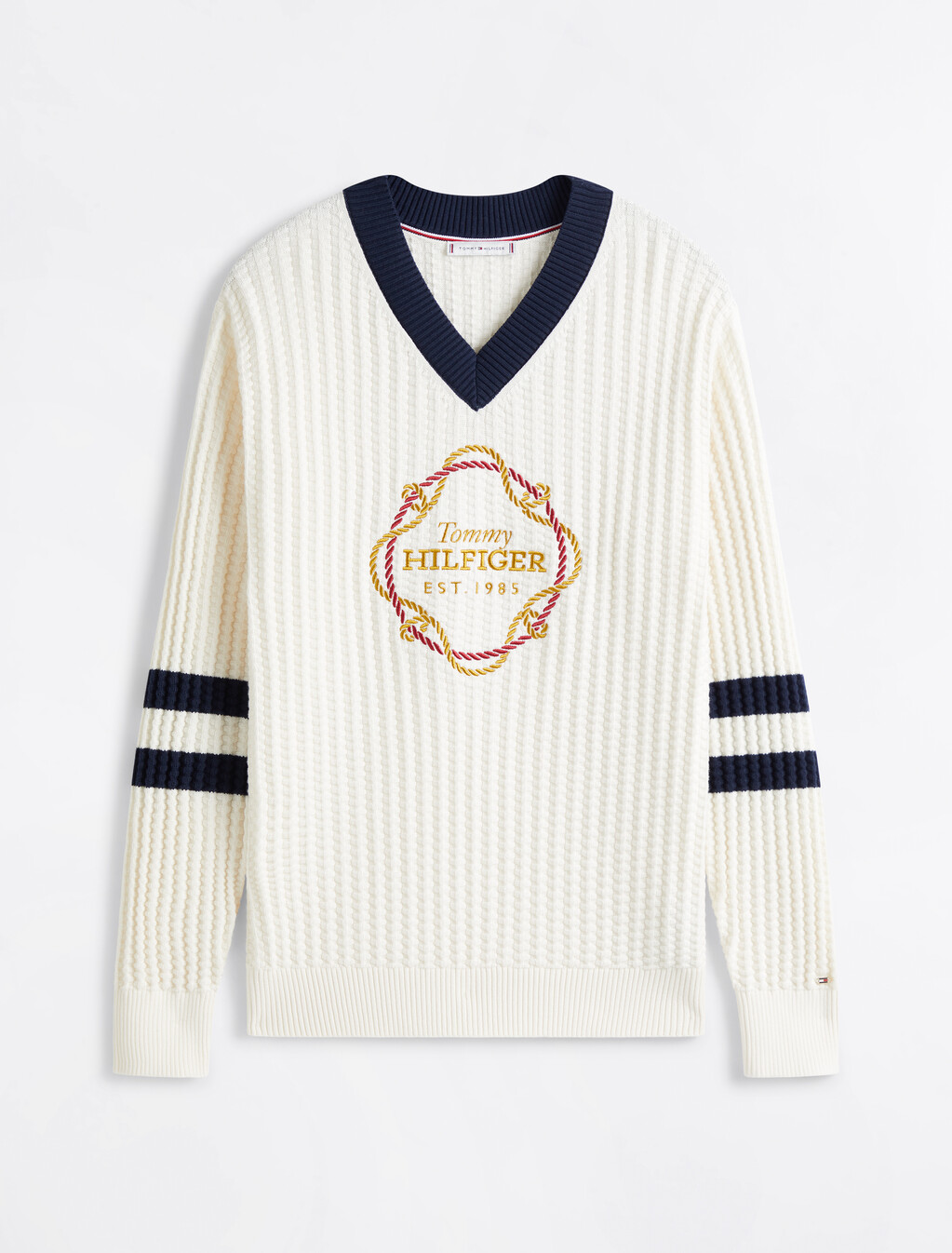 Graphic V Neck Sweater, Ivory Petal, hi-res