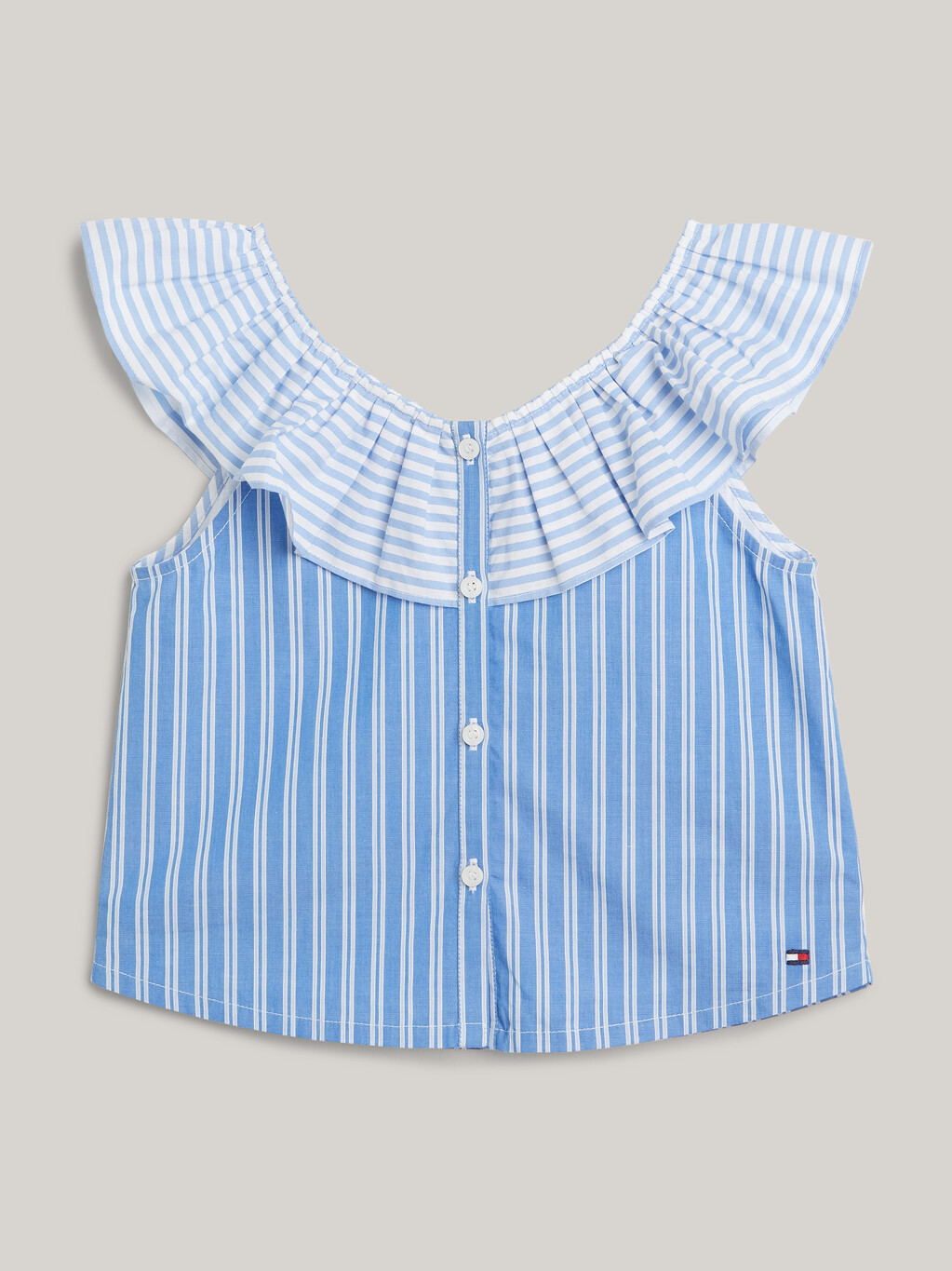 混合條紋褶邊領口短上衣, Blue Spell Stripe / White, hi-res