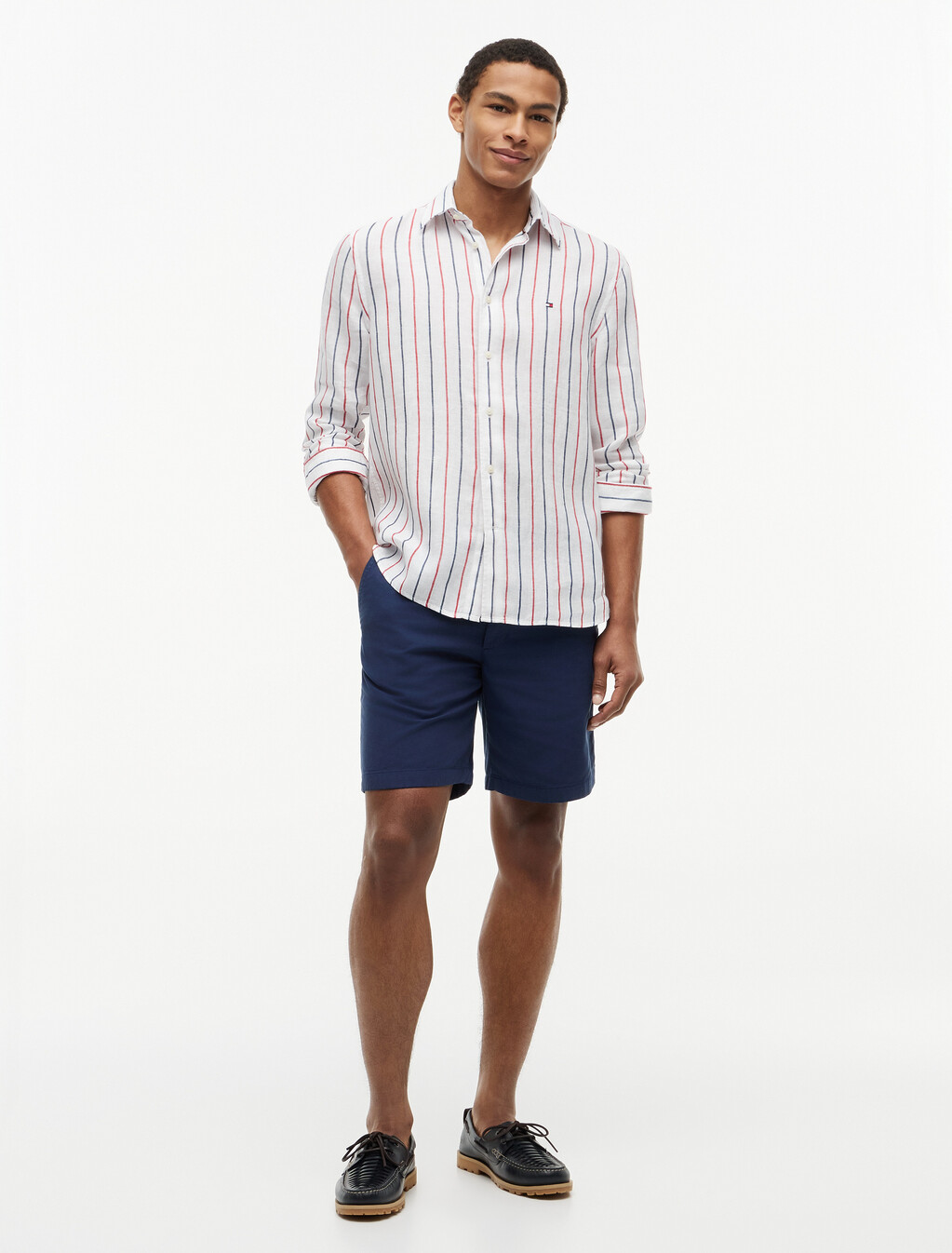 Regular Fit Textured Stripe Pure Linen Shirt, Medium Red / Stripe, hi-res