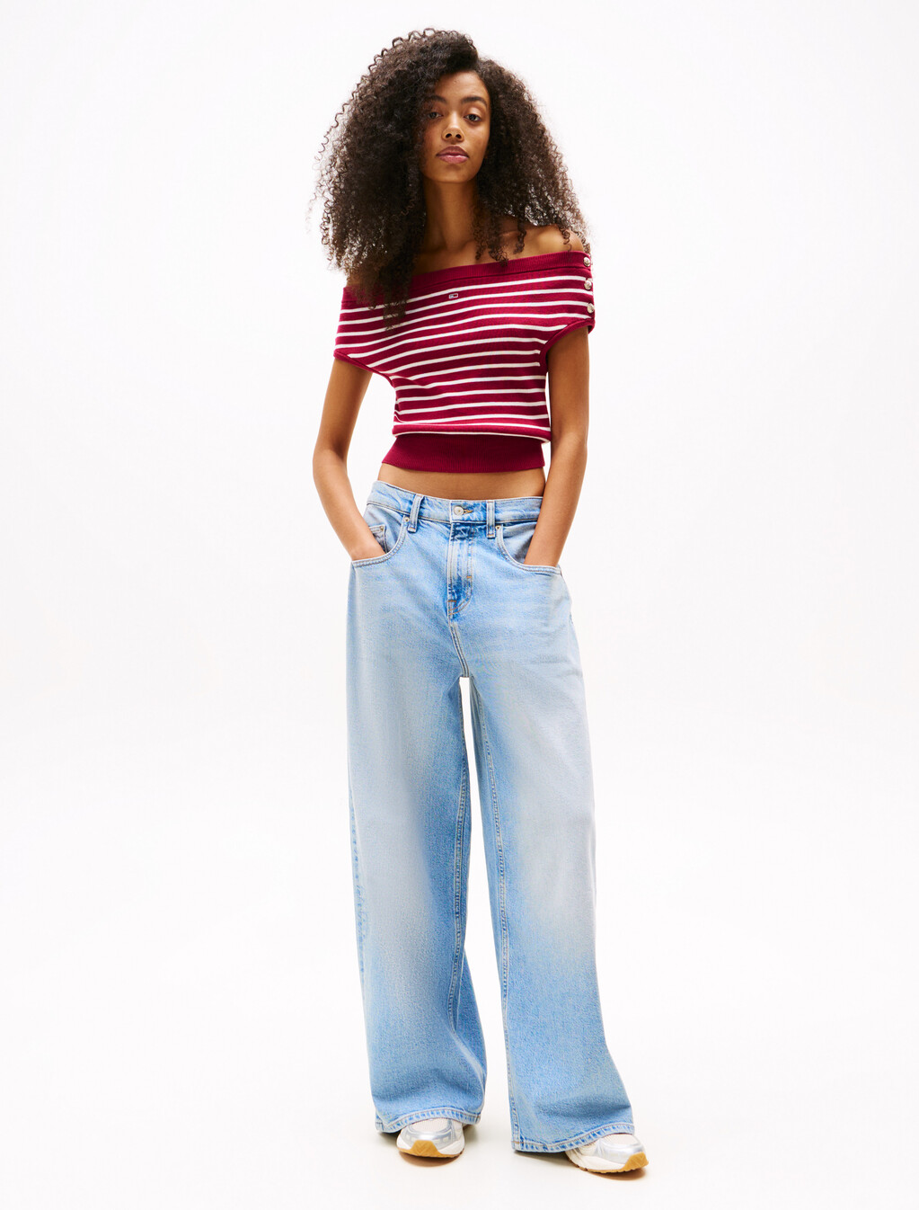 Off-The-Shoulder Cap Sleeve Jumper, Brilliant Berry / Stripe, hi-res