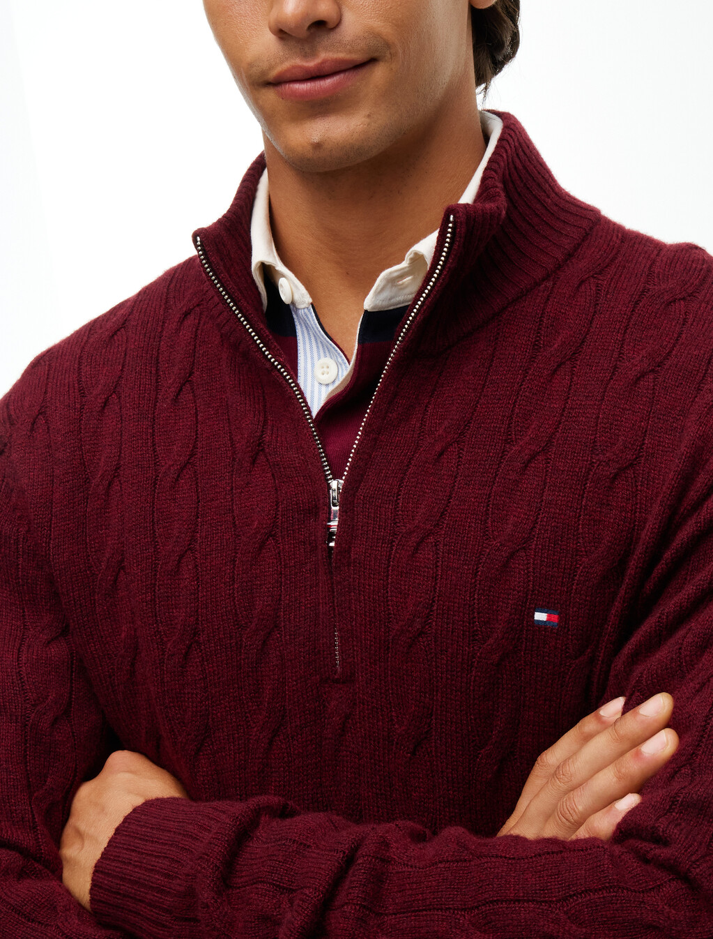 Pure Lambswool Cable Knit Quarter-Zip Jumper, Burgundy Heather, hi-res