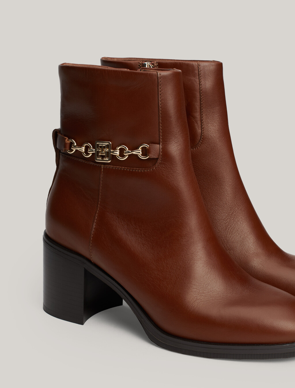 Leather Chain Hardware Block Heel Boots, Cognac Brown, hi-res