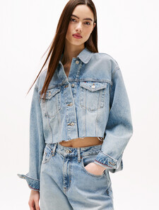 Cropped Trucker Denim Jacket, Denim Mid Light Blue, hi-res