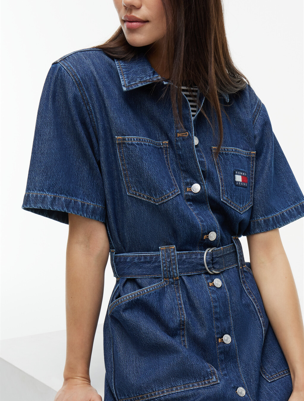 Denim Utility Short Sleeve Shirt Dress, Denim Dark, hi-res