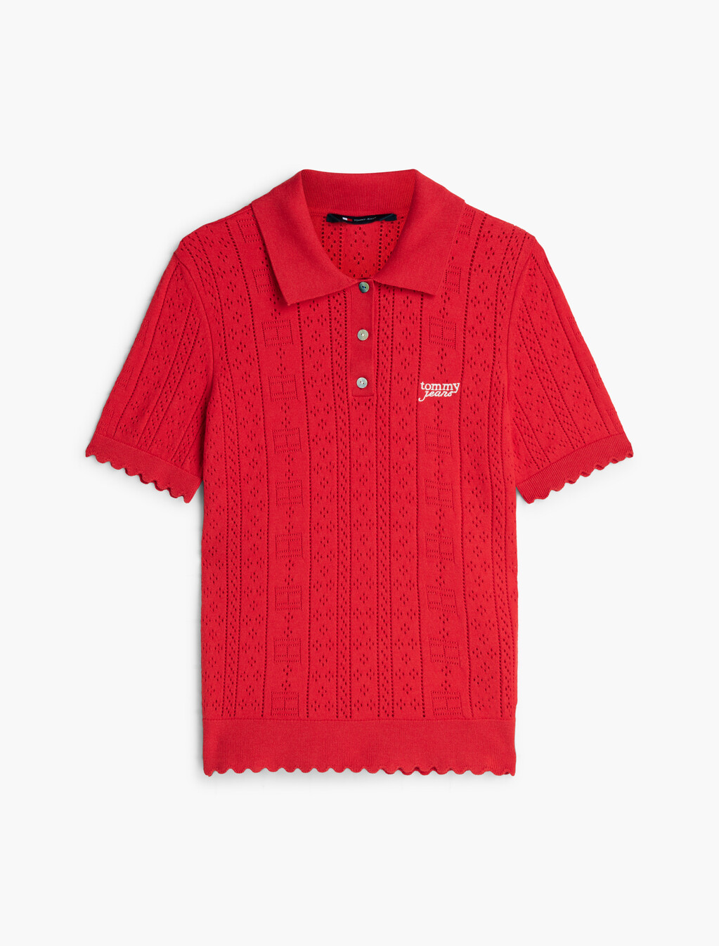Pointelle Flag Short Sleeve Polo Jumper, Amaryllis Red, hi-res