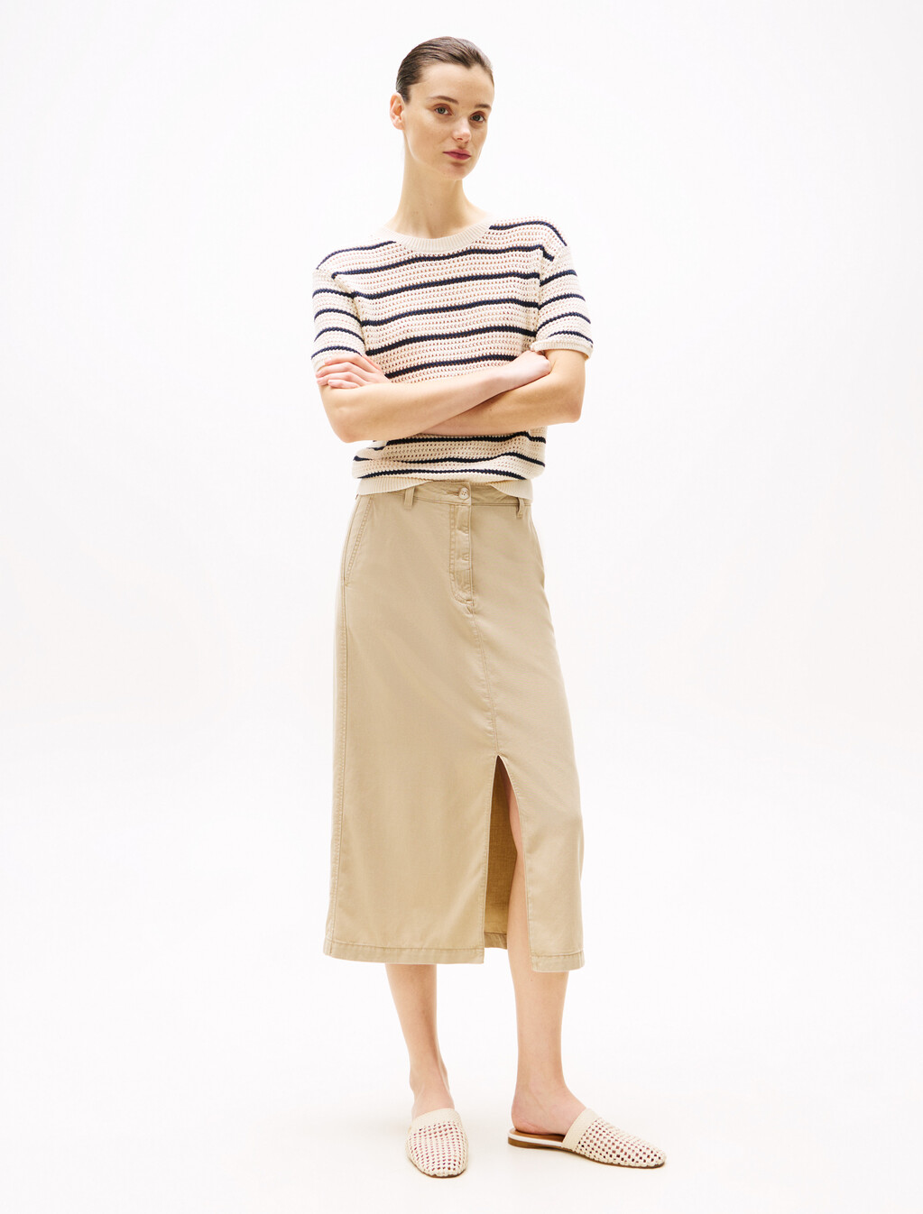 Midi Chino Skirt, Beige, hi-res