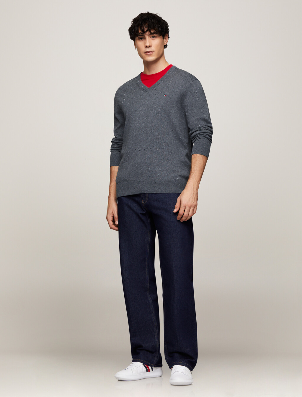 Cotton Cashmere V-Neck Jumper, Donegal Medium Grey Heather, hi-res