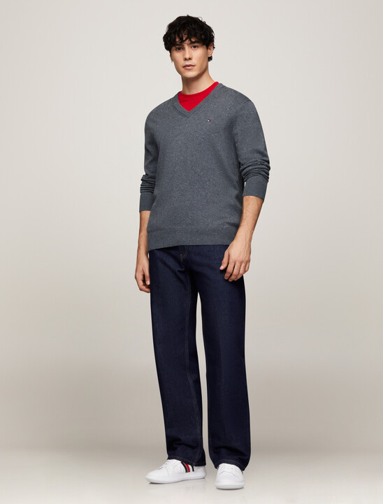 Cotton Cashmere V-Neck Jumper, Donegal Medium Grey Heather Cotton Cashmere V-Neck Jumper