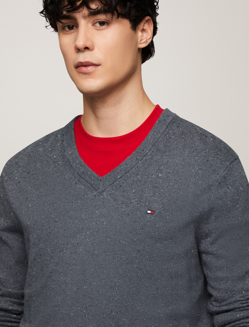 Cotton Cashmere V-Neck Jumper, Donegal Medium Grey Heather, hi-res