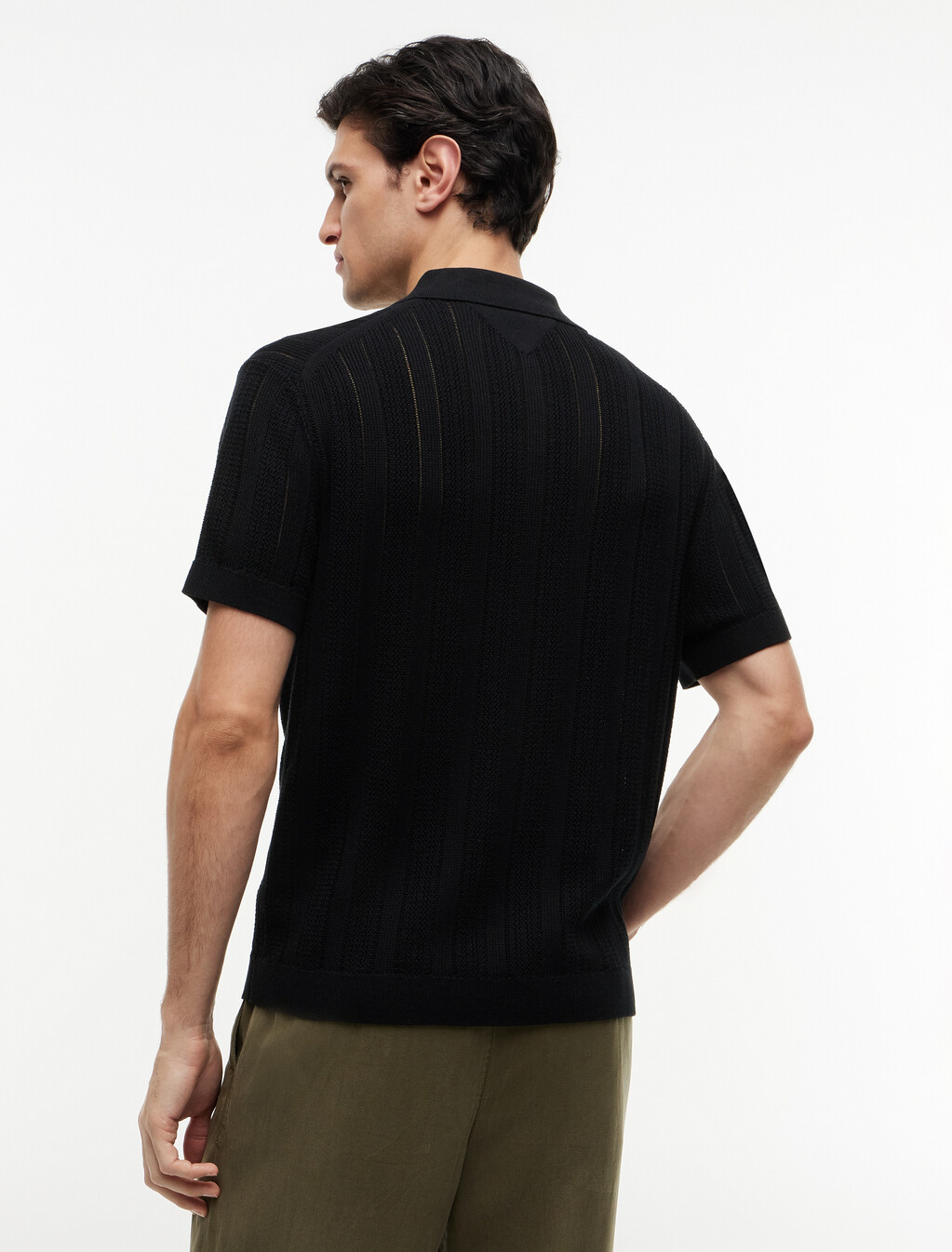 Relaxed Pointelle Short Sleeve Shirt With Linen, Black Heather, hi-res