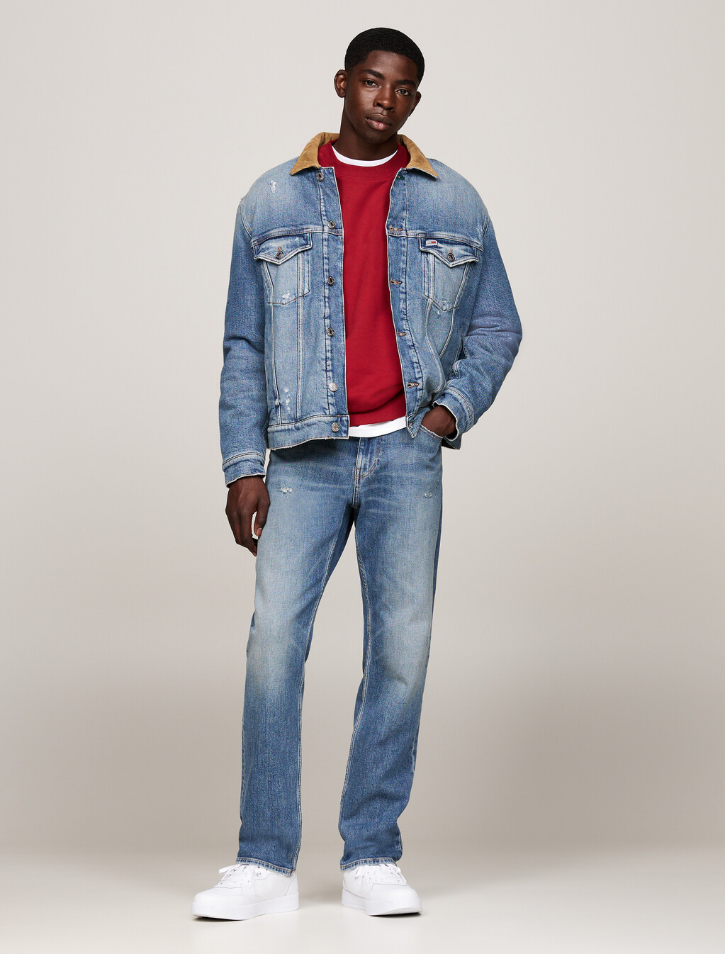 Ryan Distressed Denim Trucker Jacket, Denim Medium, hi-res