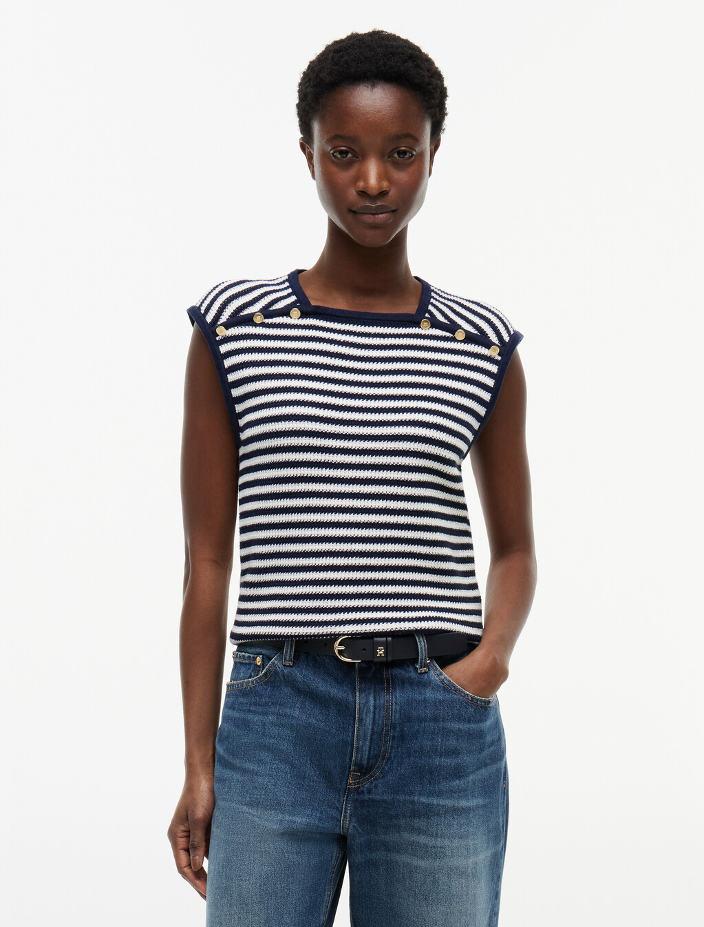 Gold-Tone Button Square Neck Top, Ivory Petal/Dark N Navy Stp, hi-res
