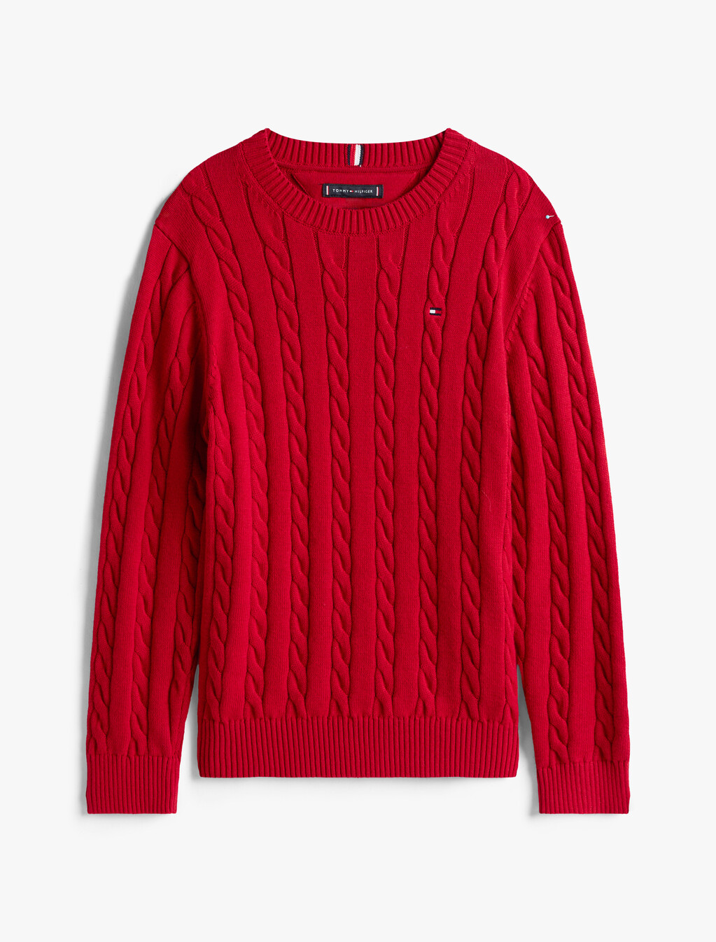 Cable Knit Crew Neck Jumper, Medium Red, hi-res