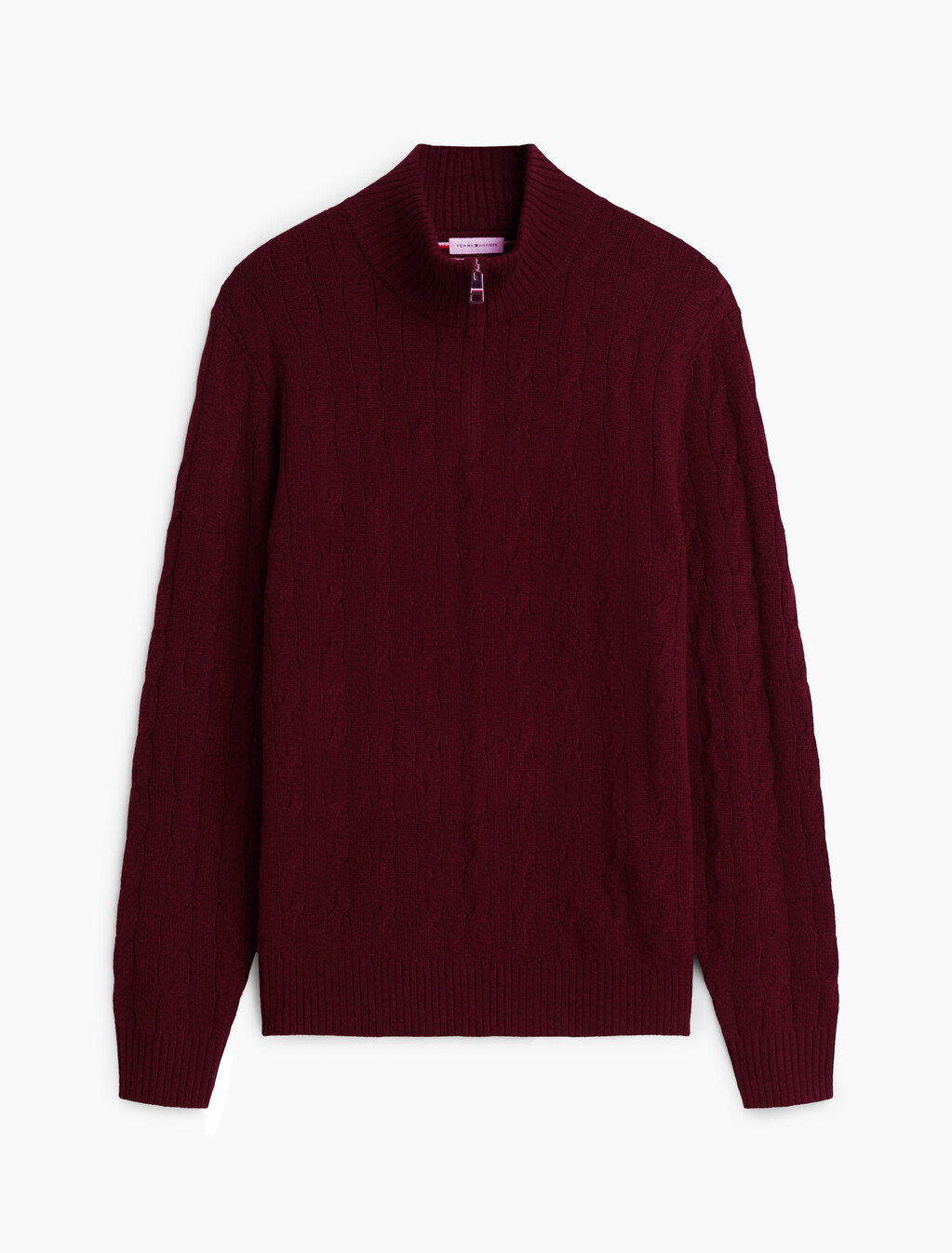 Pure Lambswool Cable Knit Quarter-Zip Jumper, Burgundy Heather, hi-res