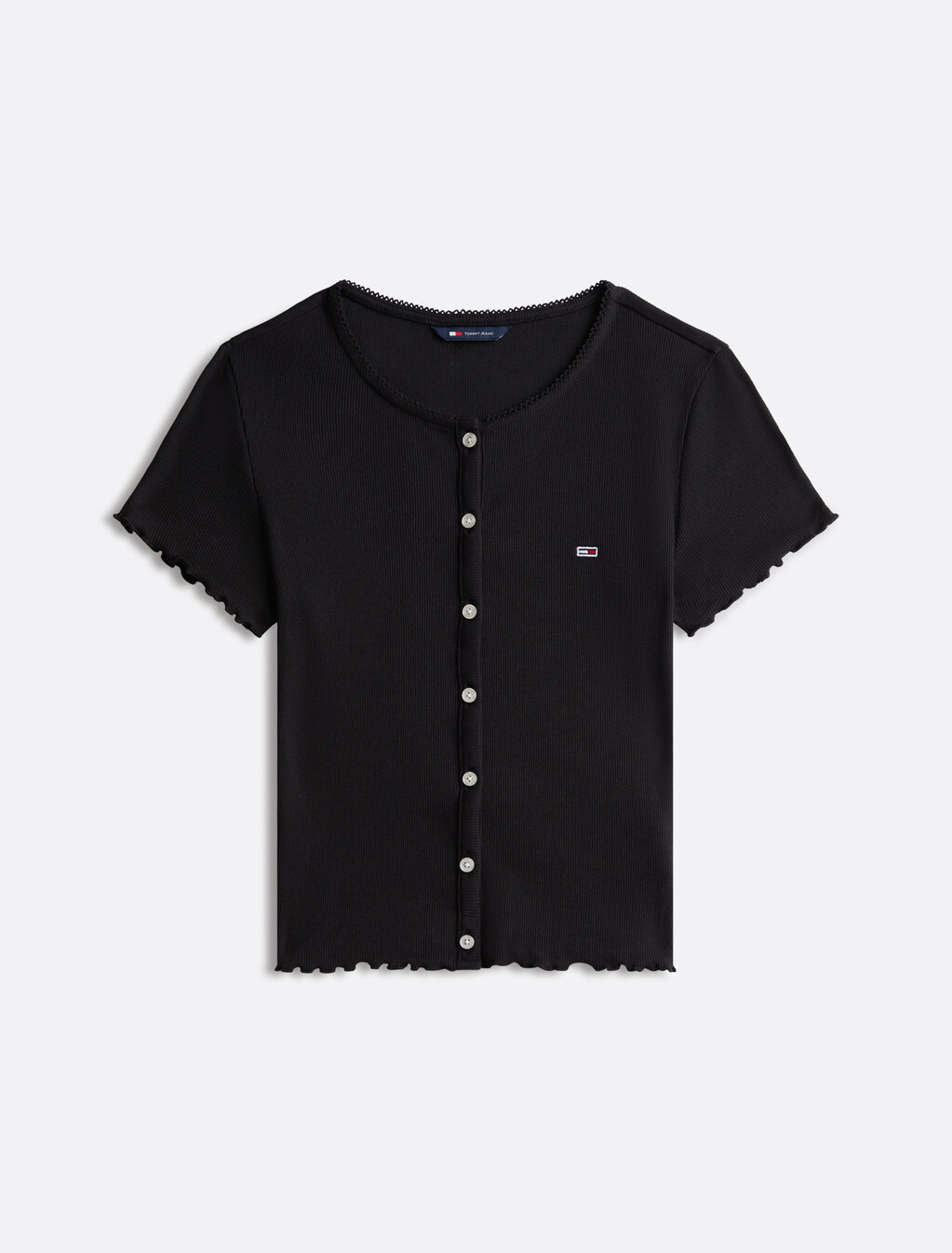 Scallop Trim Rib Knit Top, Black, hi-res
