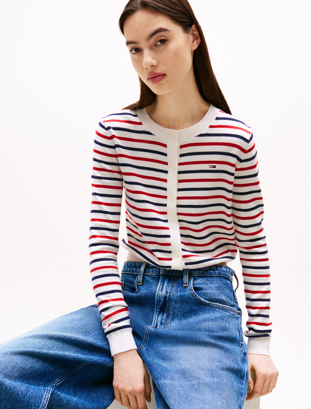 基本款圓領開襟外套, White / Red / Navy Stripe, hi-res