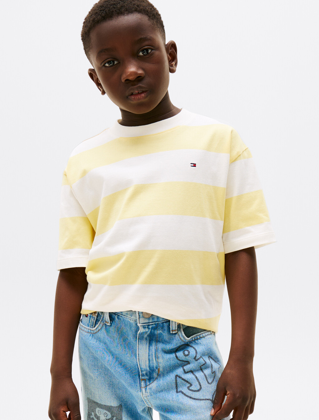 Flag Embroidery Crew Neck T-Shirt, Citronella White Stripe, hi-res