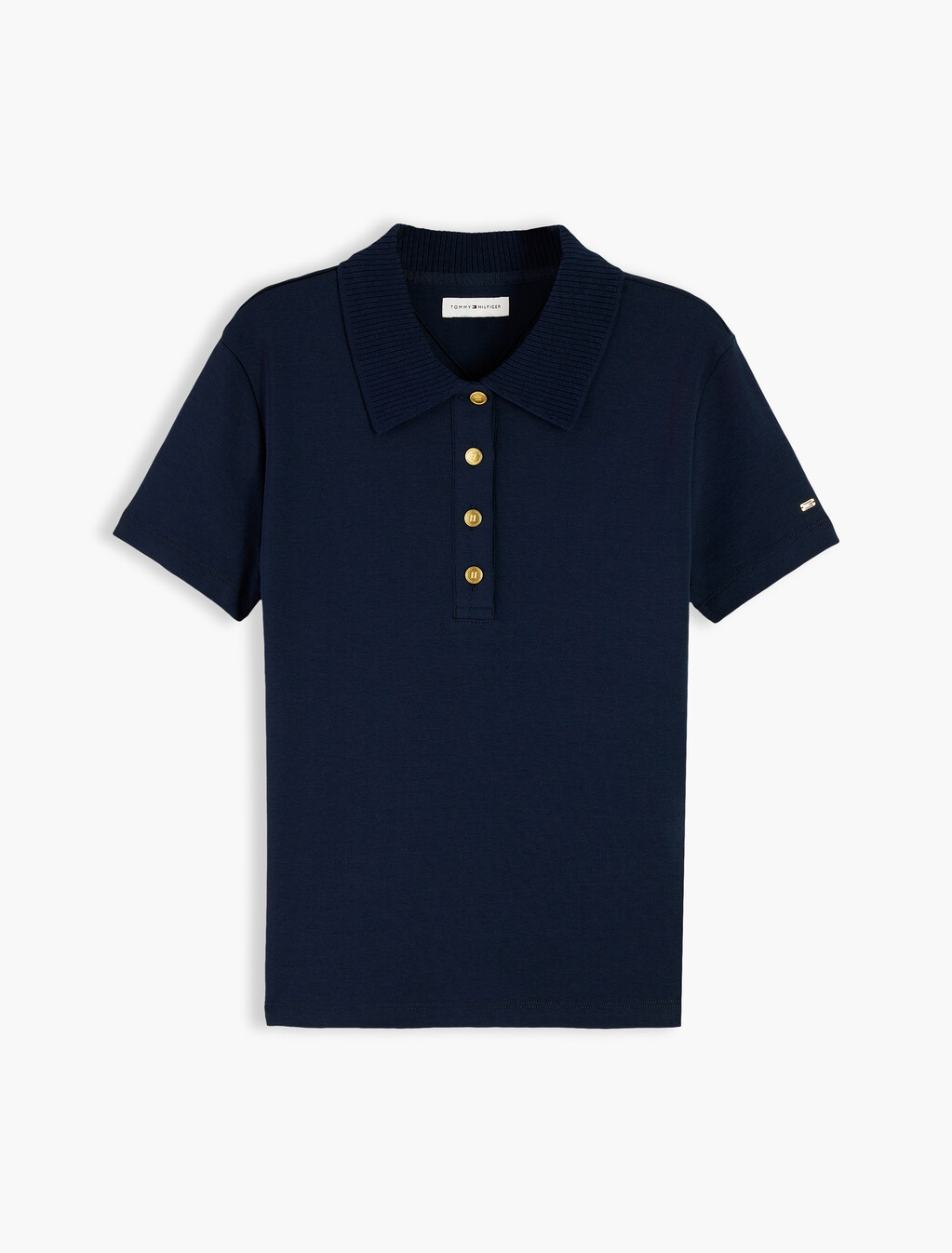 Slim Fit Gold-Tone Button Polo Shirt, Dark Blue, hi-res