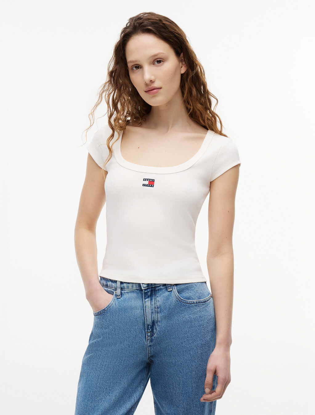 Tommy Badge Scoop Neck Slim T-Shirt, Ancient White, hi-res