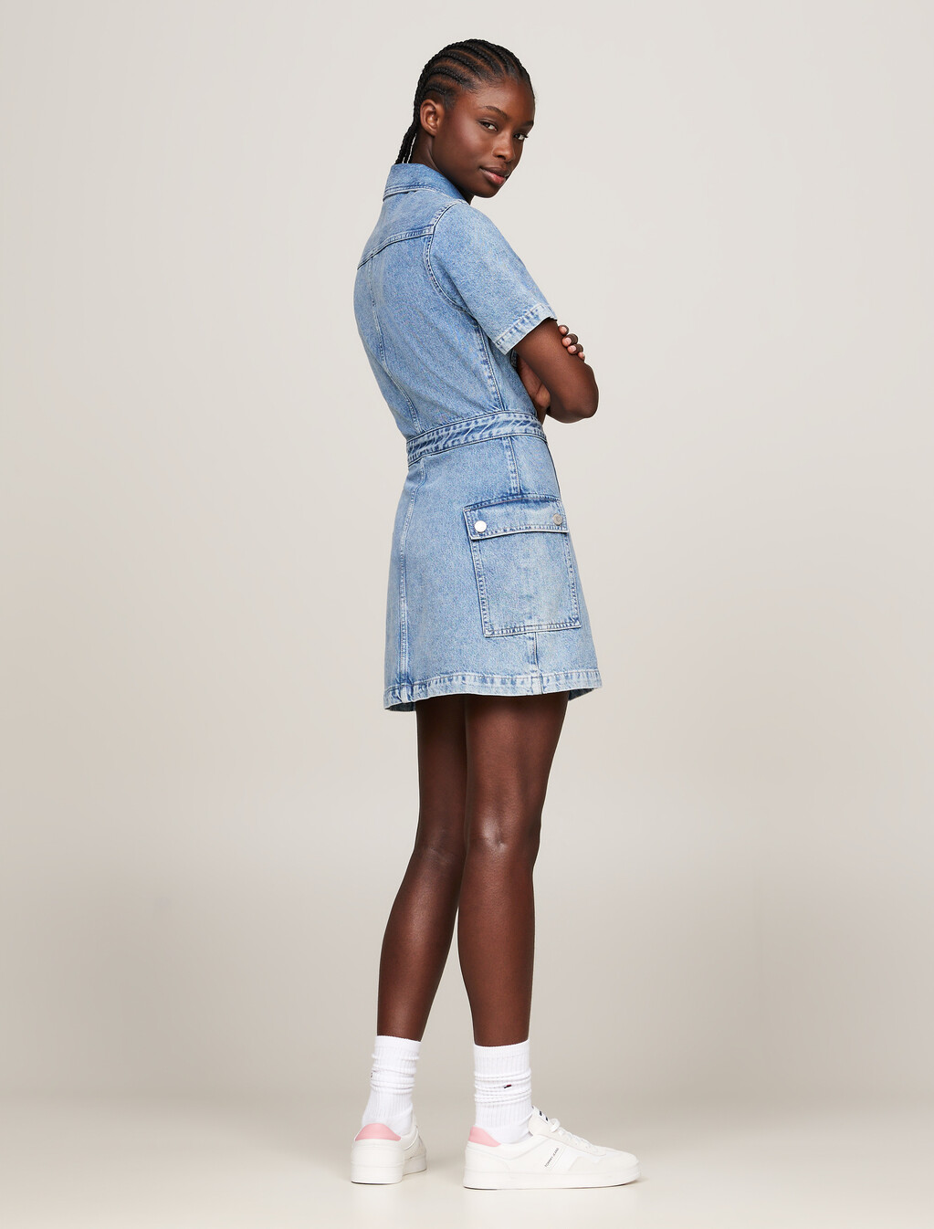 Zip-Thru Slim Denim Utility Mini Dress, Denim Medium, hi-res