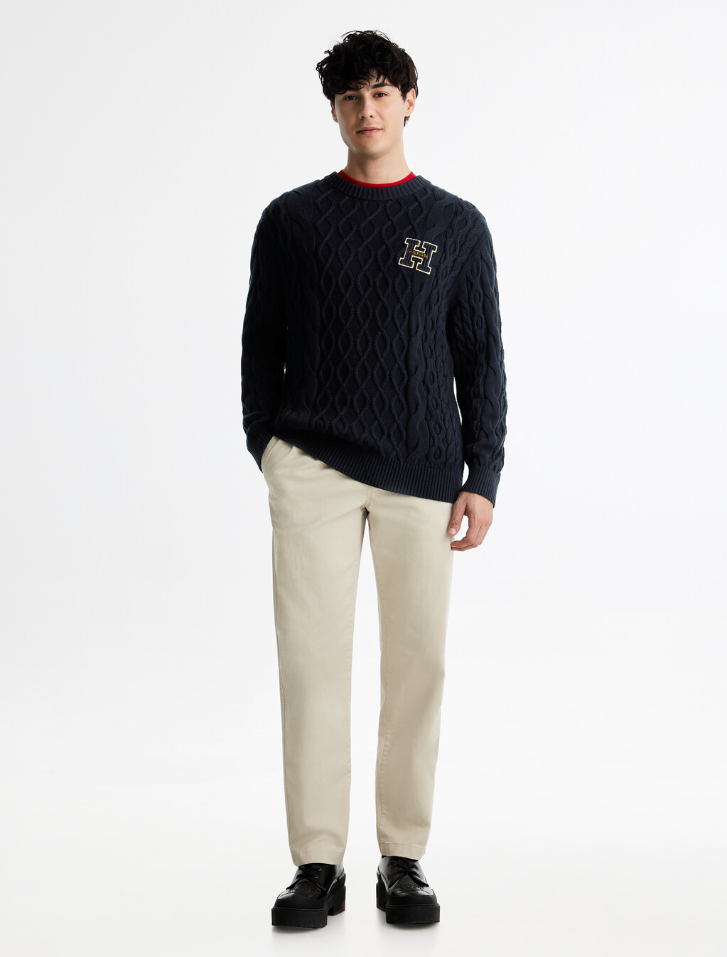 Cable Knit Letterman Applique Sweater, Desert Sky, hi-res