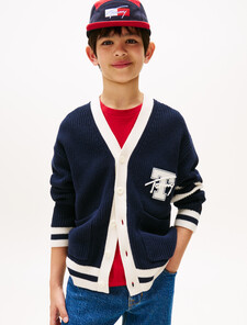Boys Varsity Graphic V Neck Cardigan, Dark Night Navy, hi-res