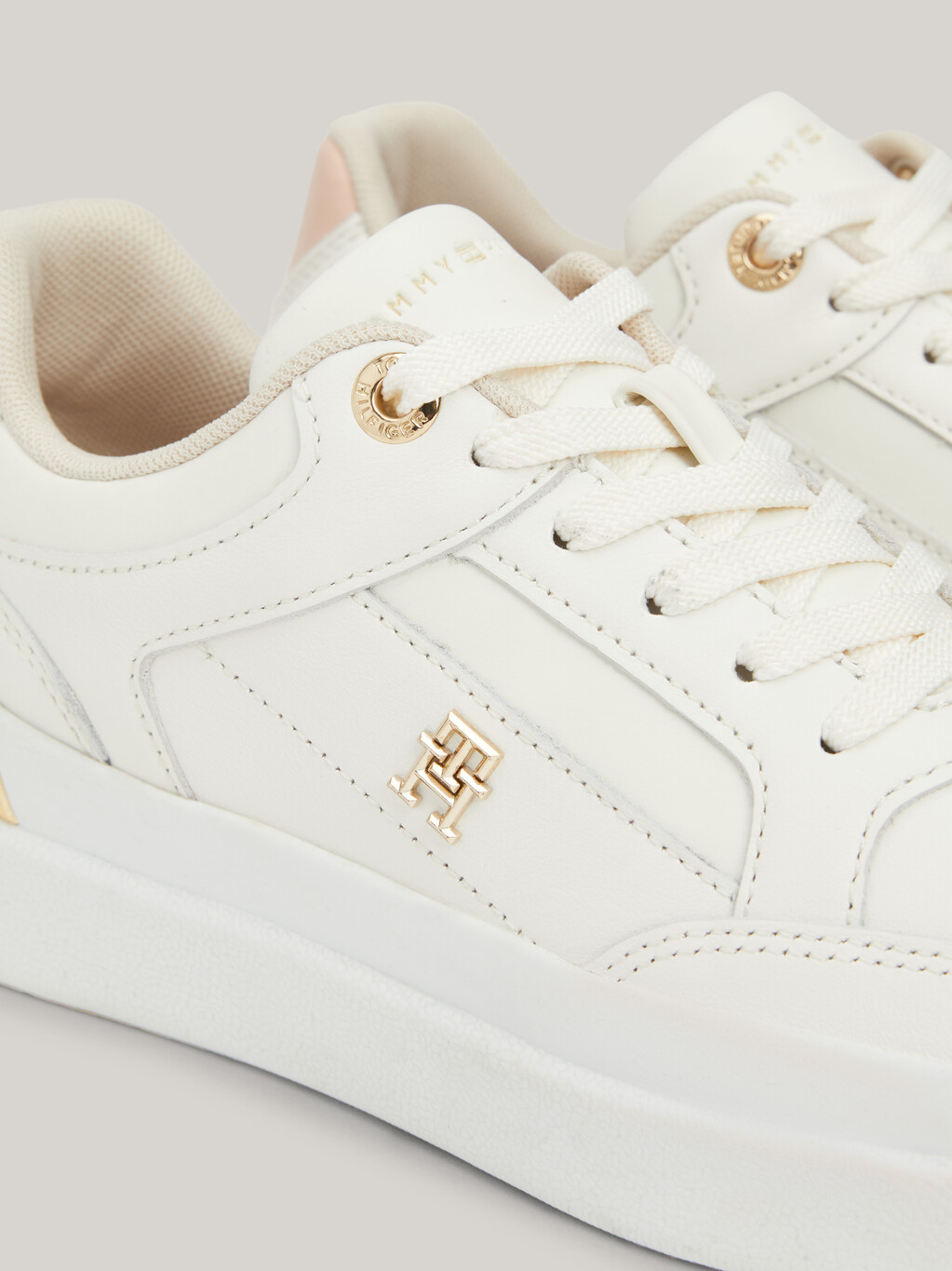 TH Monogram Metallic Leather Court Trainers, Ancient White, hi-res