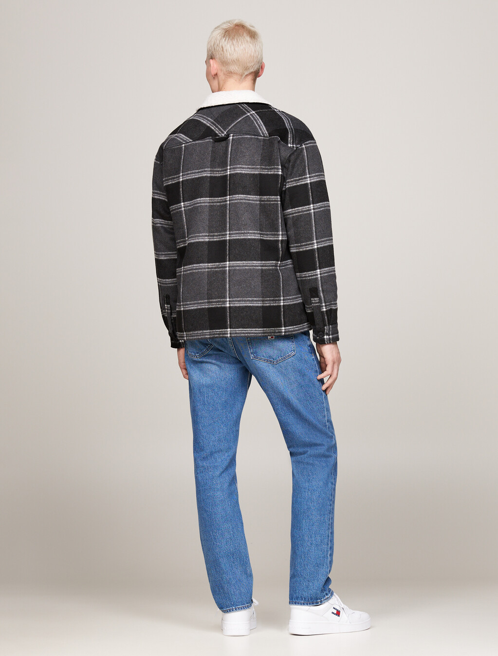 仿羔羊毛領格紋休閒外套, Black Check, hi-res