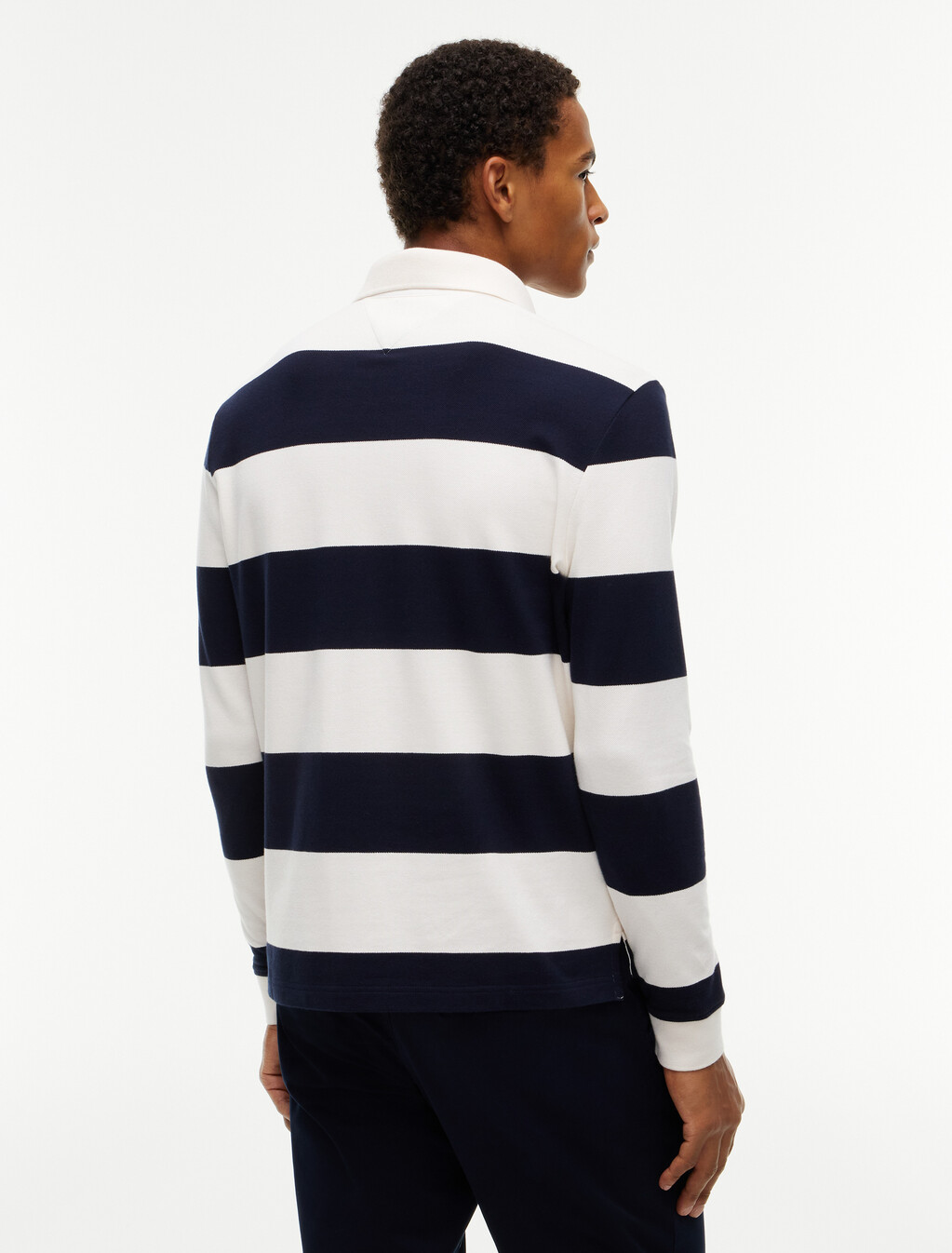 Rugby Stripe Long Sleeve Polo Shirt, Ivory Petal / Navy Blue, hi-res
