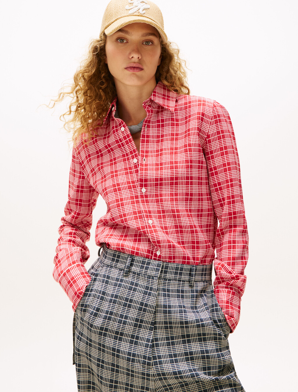 The Runway Collection Regular Silk Blend Shirt, Red/Cream Check, hi-res