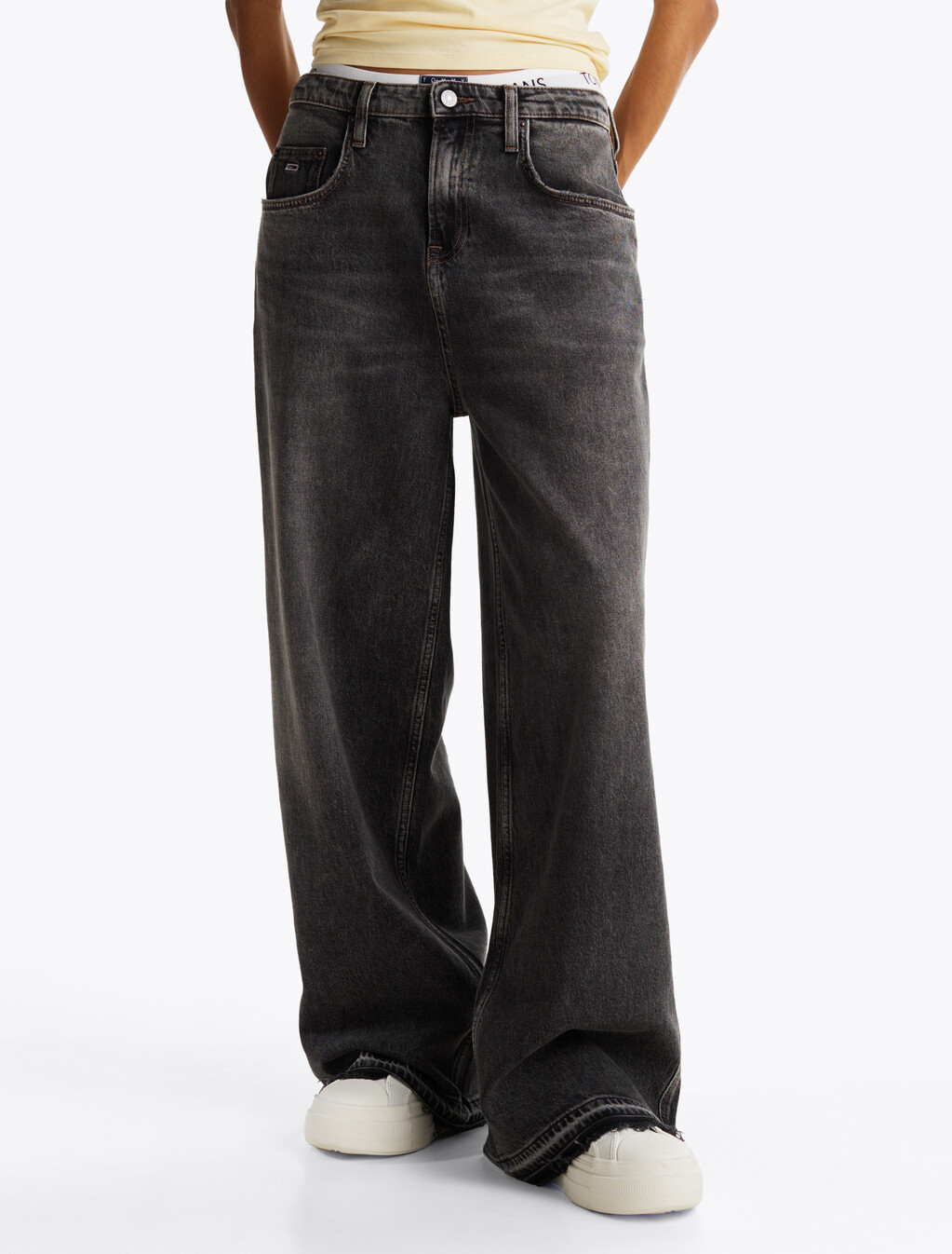 Charlie 毛邊中腰寬筒牛仔褲, Denim Black, hi-res
