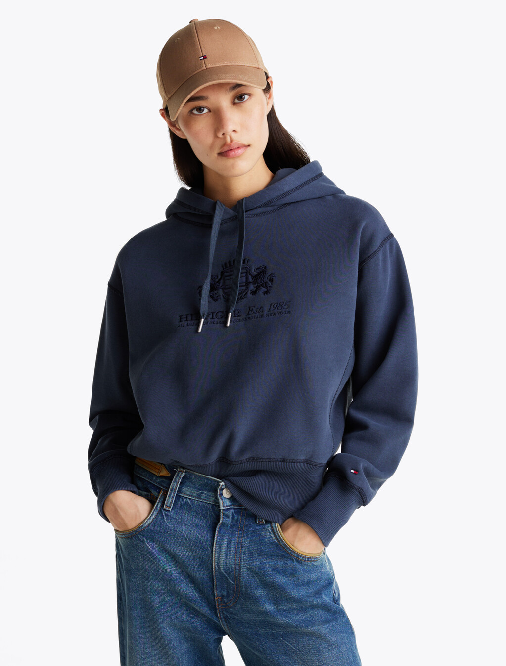 Logo Embroidery Drawstring Fleece Hoody, Military Denim, hi-res