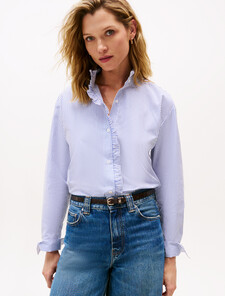 Ruffle Collar Poplin Relaxed Fit Shirt, Hugh Stp/ Blue, hi-res