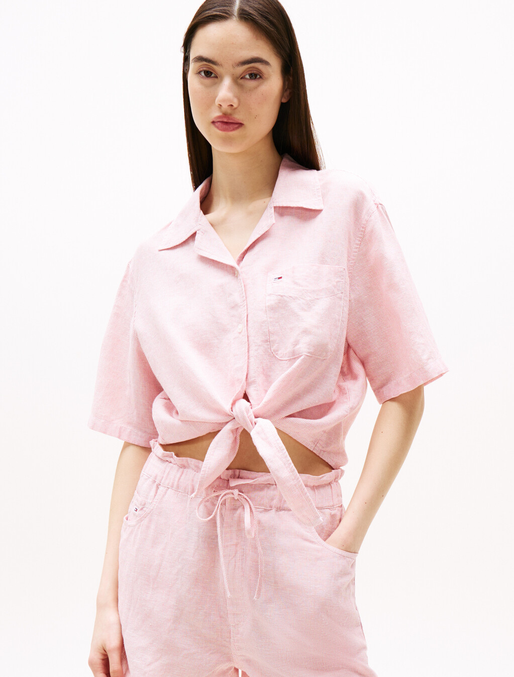 Cropped Cotton Linen Shirt, Precious Pink/Stripe, hi-res