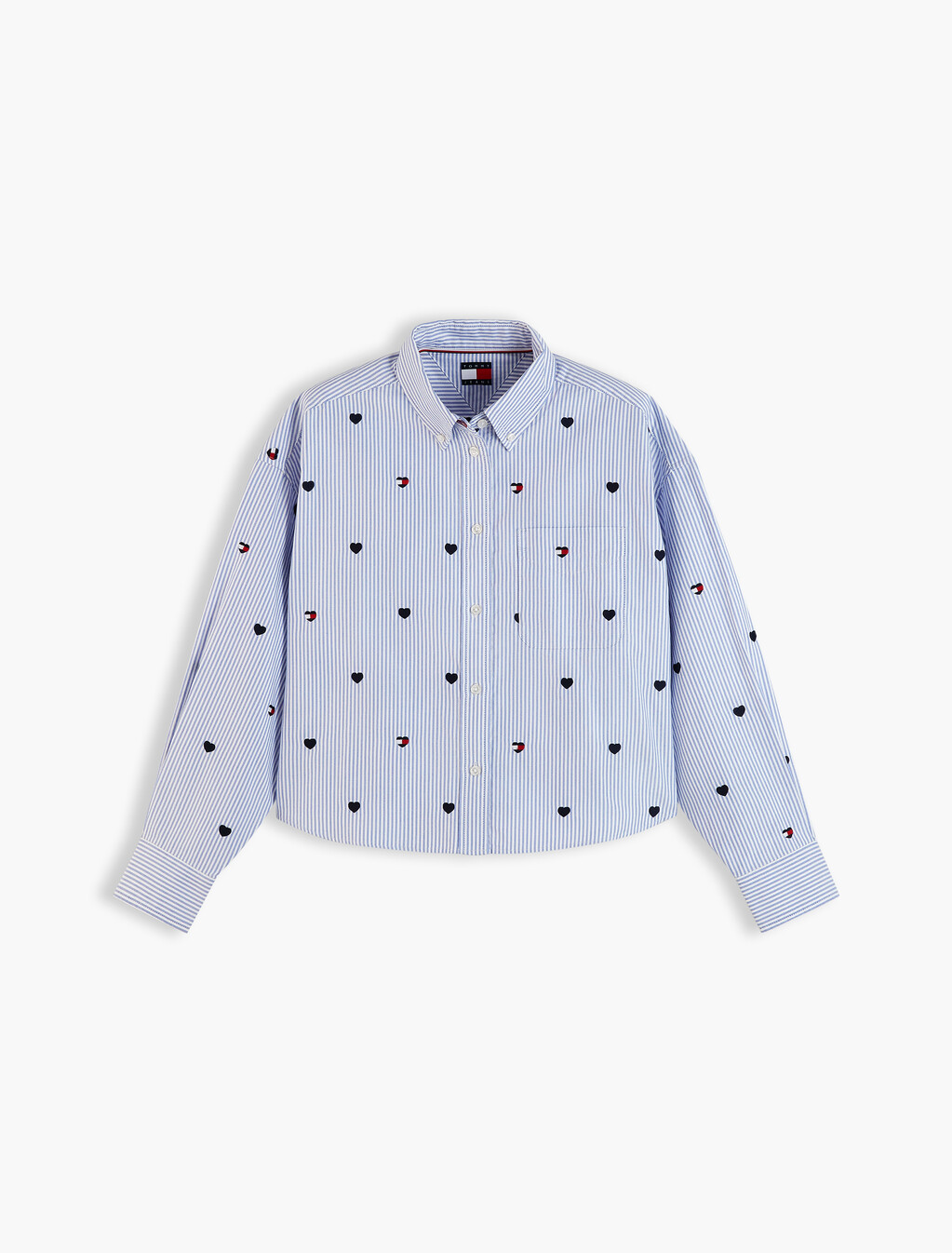 Festive Heart Embroidery Cropped Oxford Shirt, Sheer Blue / Stripe, hi-res