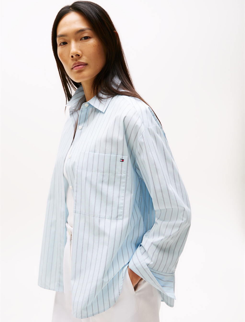 Asia Fit Poplin Easy Shirt, Textured Thin Stp/ Breezy Blue, hi-res