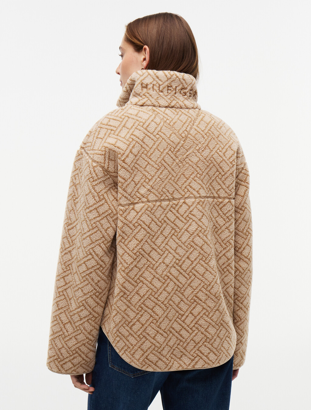 Teddy Fleece Jacquard Relaxed Half-Zip Jacket, Beige Monogram Flag, hi-res