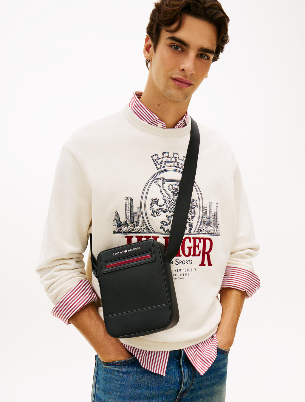 Metal Logo Crossbody Reporter Bag, Black, hi-res