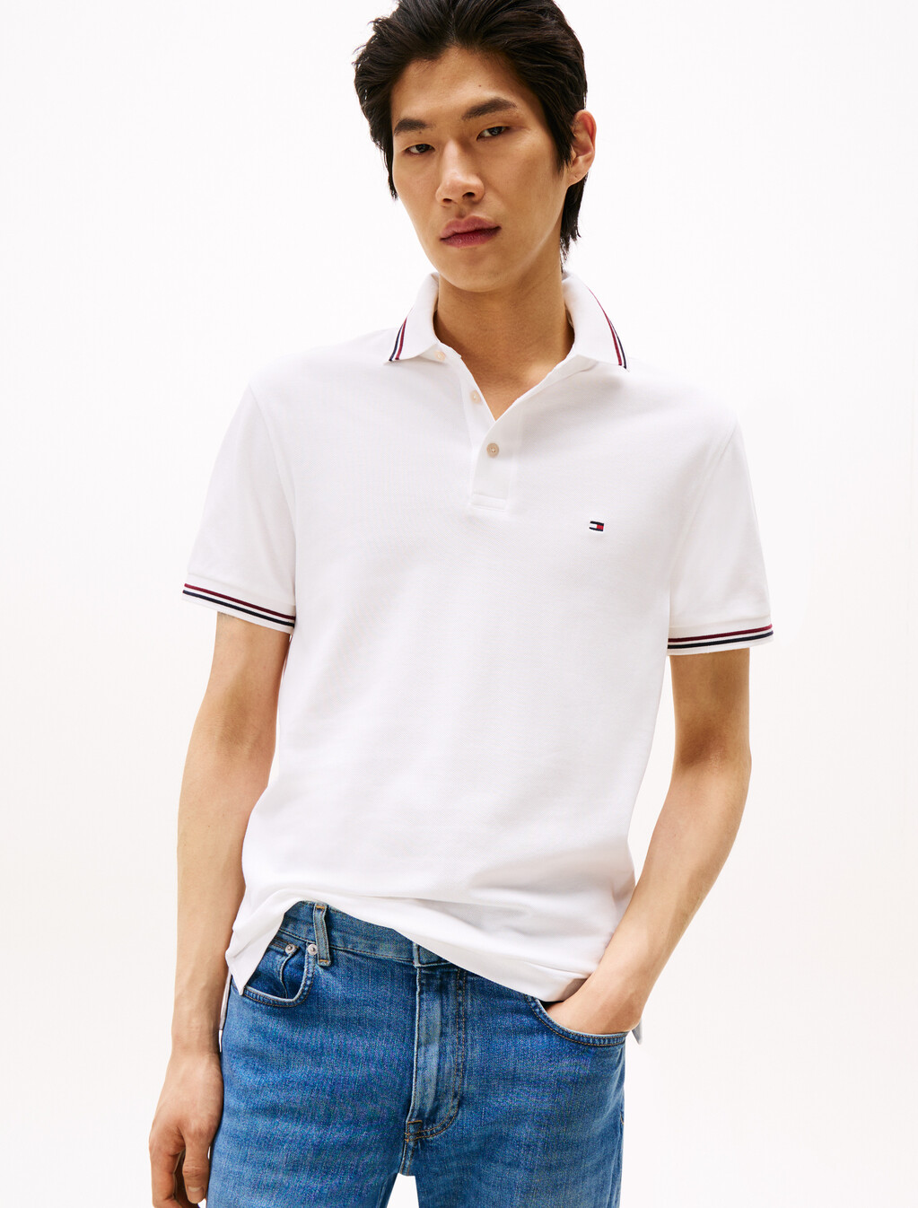 飾邊修身 Polo 衫, White, hi-res