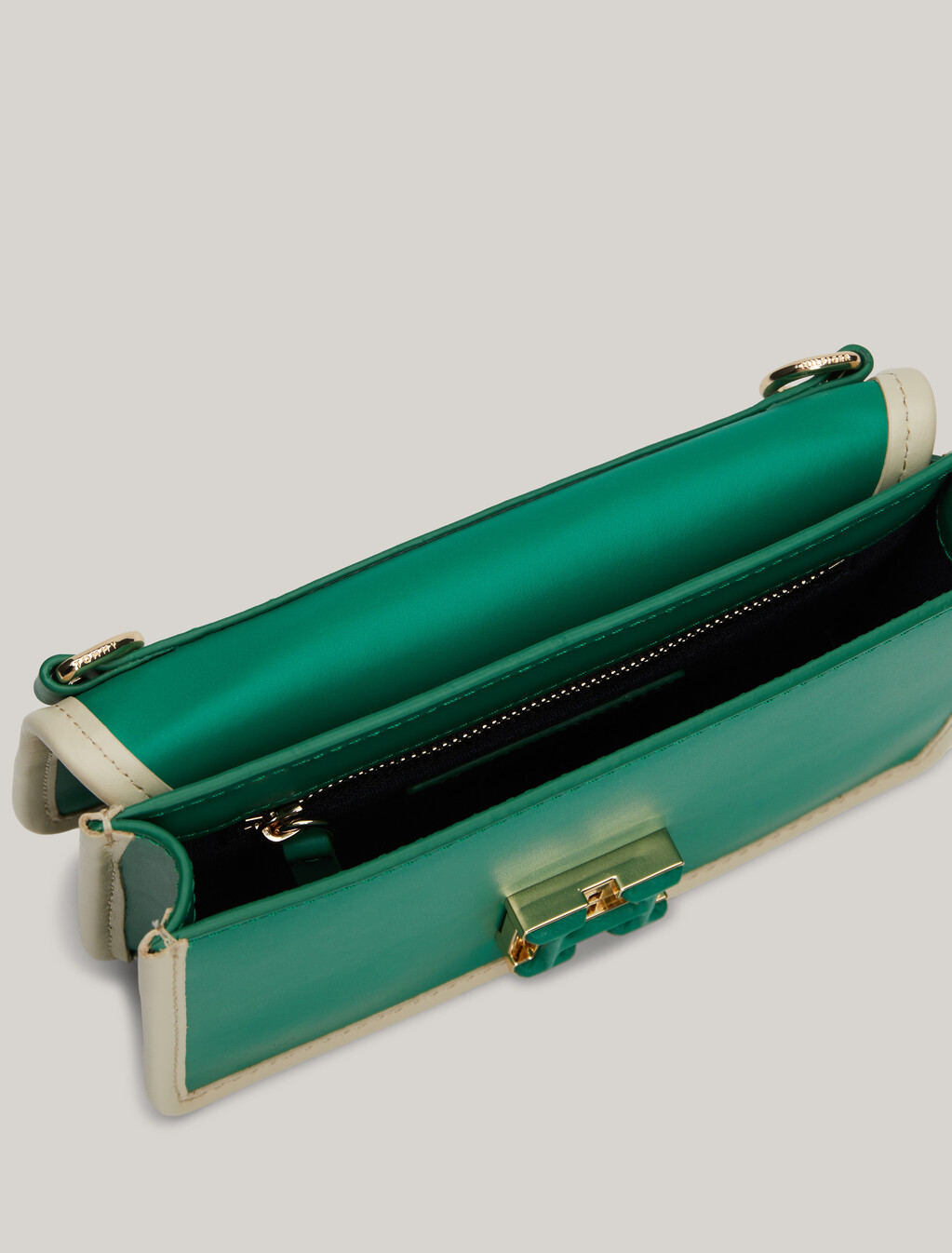 Push Lock Leather Crossover Bag, Olympic Green / Ecru, hi-res