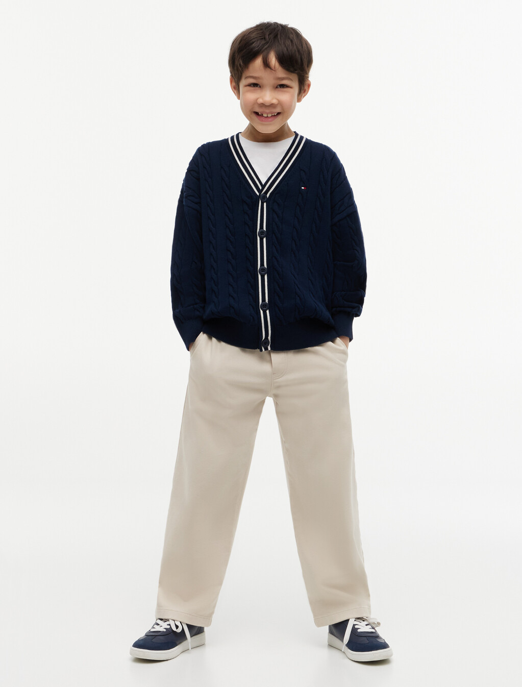 Tipped Cable Knit Polo Cardigan, Dark Night Navy, hi-res