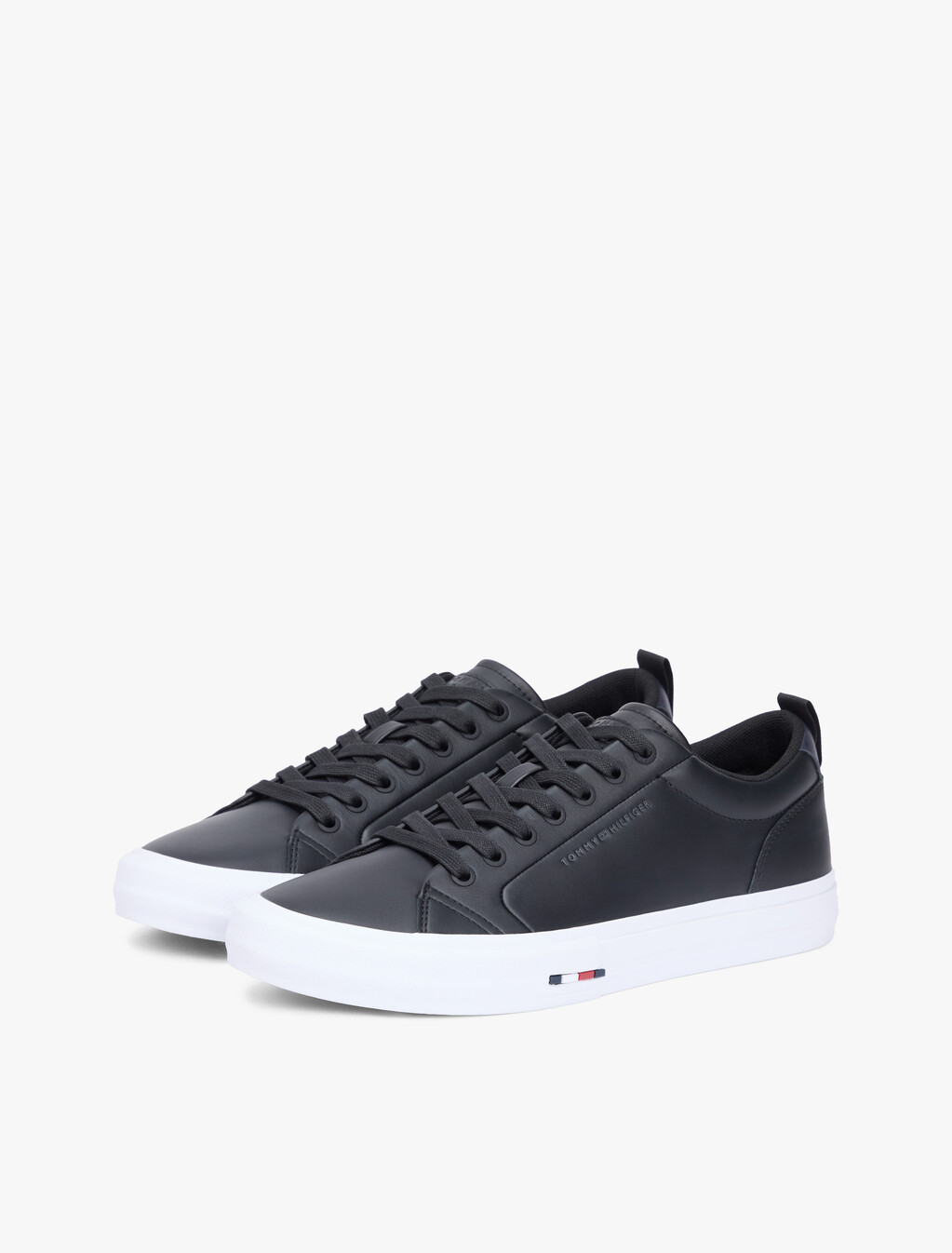 Contrast Midsole Debossed Leather Trainers, Black, hi-res