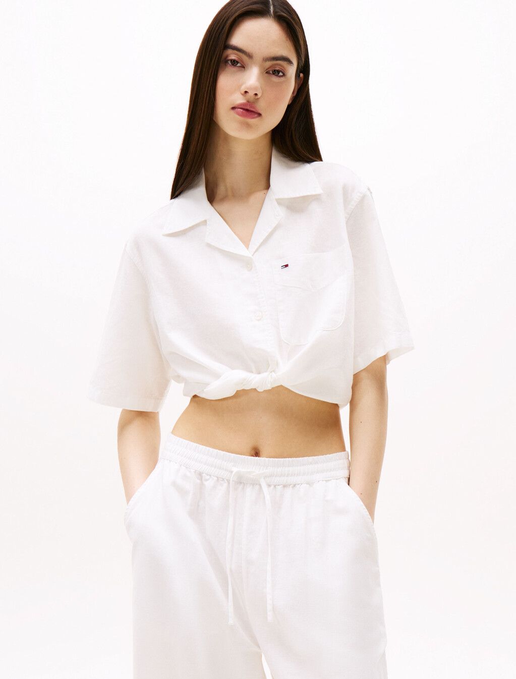 Cropped Cotton Linen Shirt, Ecru, hi-res