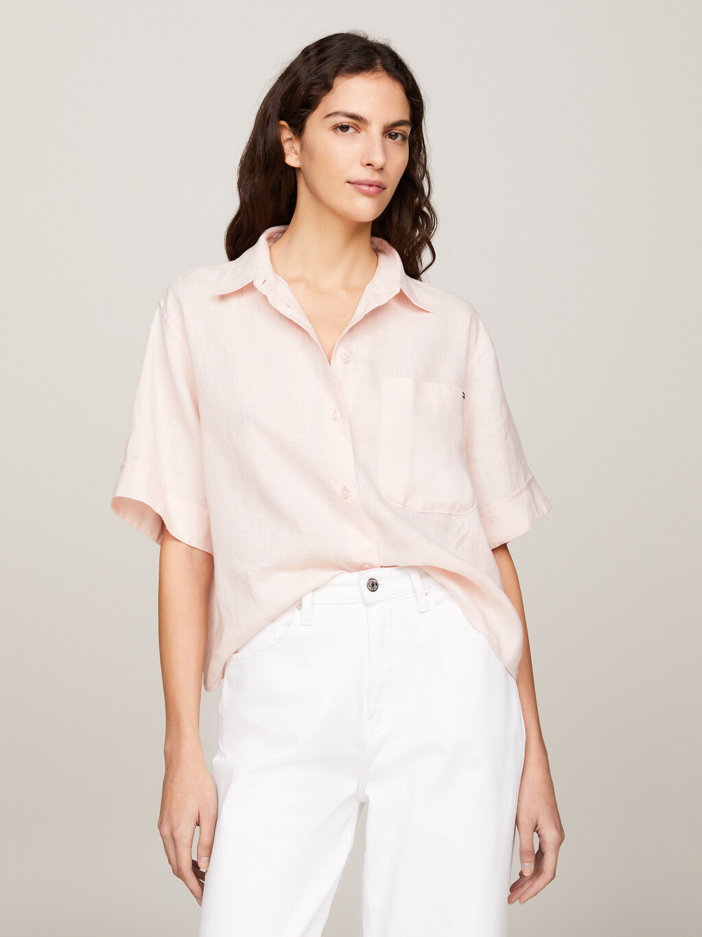 亞麻寬鬆短袖襯衫, Whimsy Pink, hi-res